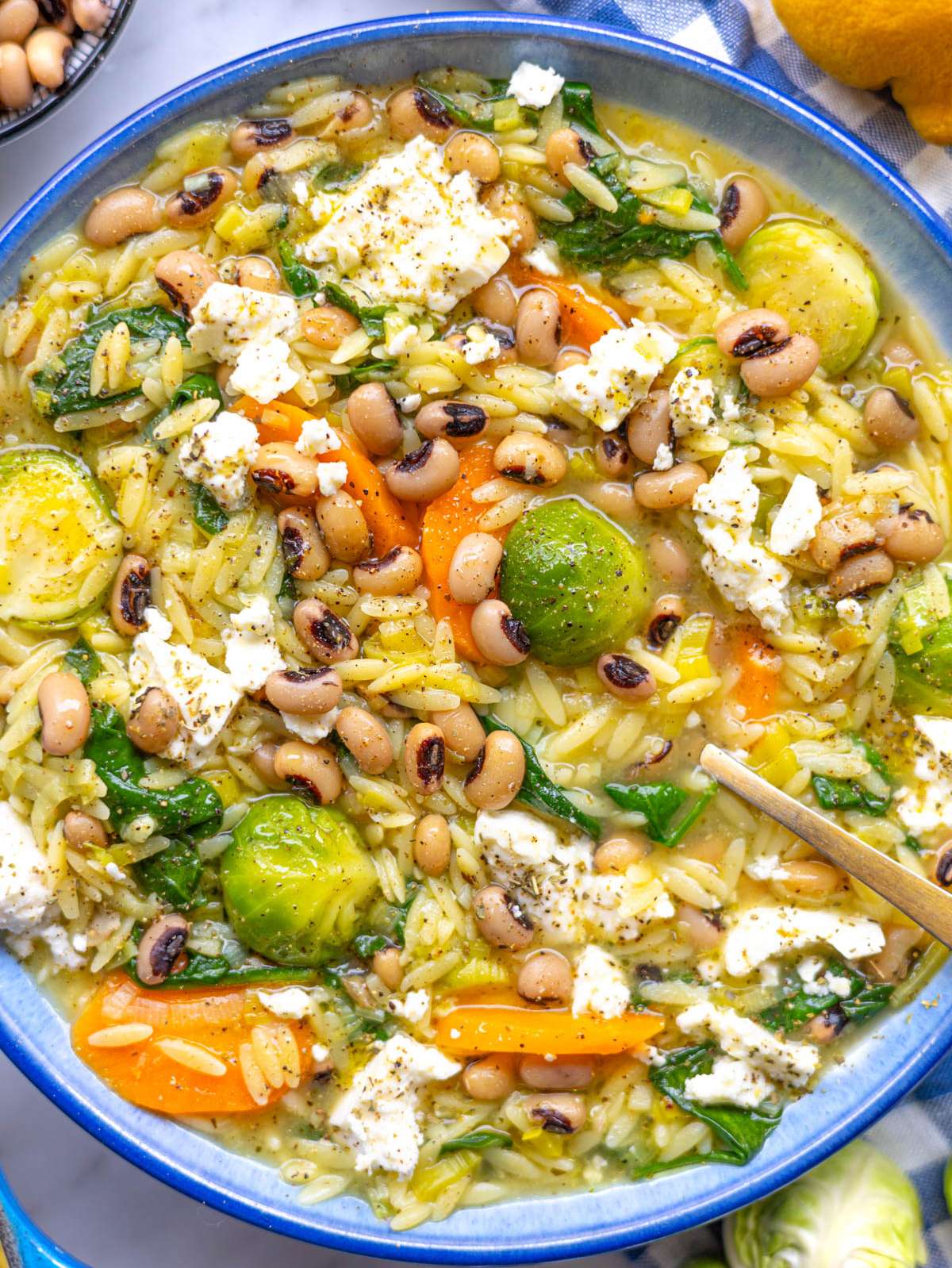 Finished one pot vegetable orzo with lemon feta and winter vegetables in a bowl.