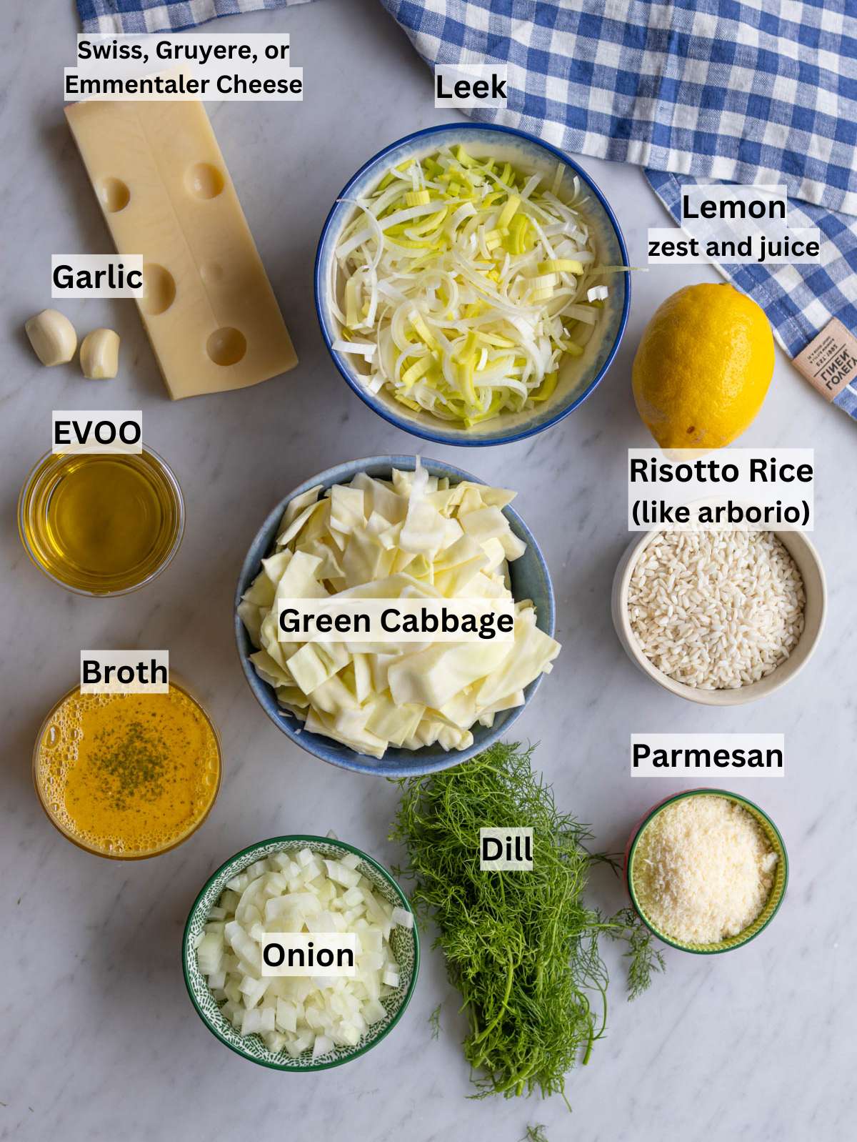 Fresh ingredients for Lahanorizo including green cabbage risotto rice leeks and Swiss cheese.