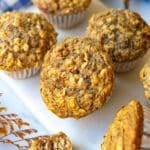 Healthy oatmeal muffins stacked for a nutritious budget friendly breakfast idea.