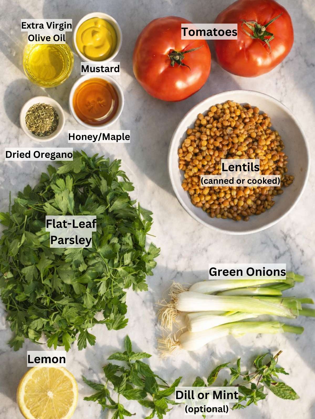 Ingredients for Mediterranean chopped lentil salad including lentils herbs tomatoes lemon and olive oil.