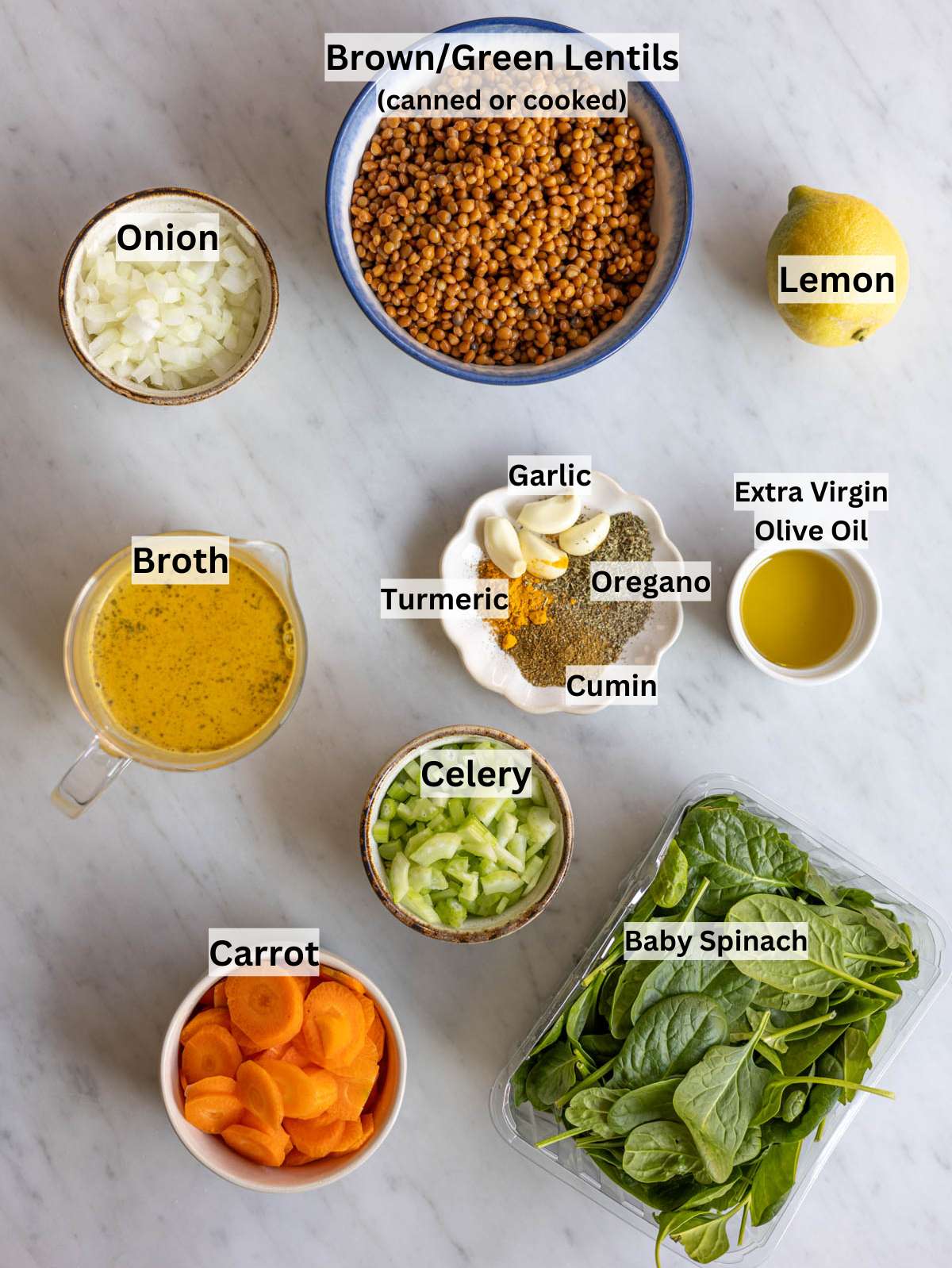 Ingredients for lemon lentil soup arranged on kitchen counter before cooking.