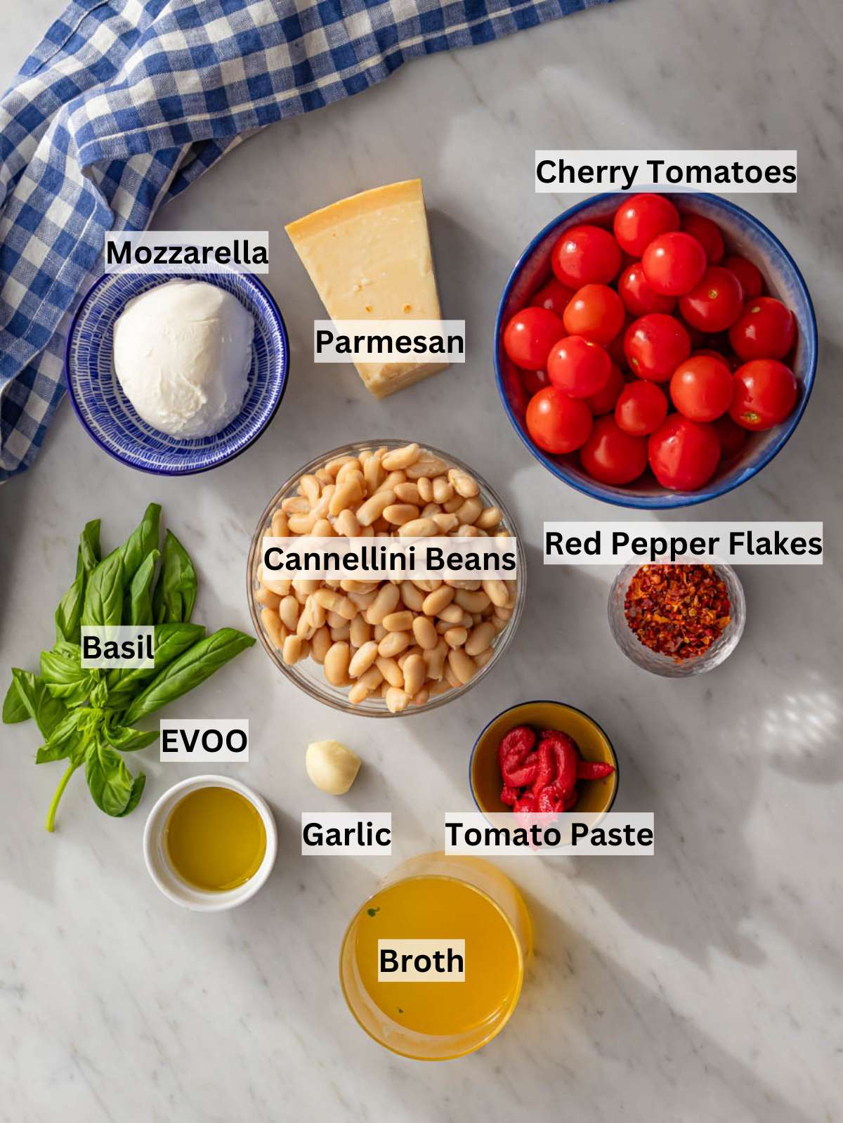 Ingredients for pizza beans laid out for an easy one pan dinner.