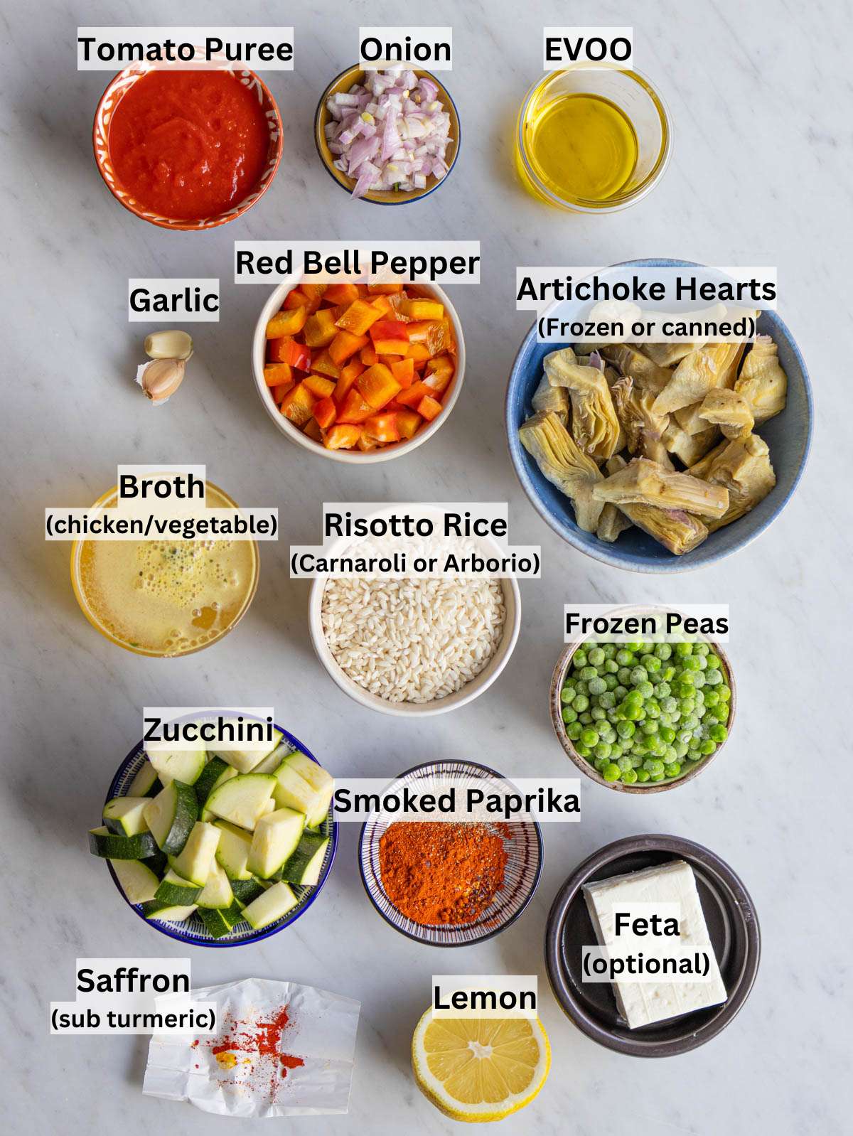 Ingredients photo Fresh vegetables rice broth and spices for quick sheet pan Vegetable Paella.