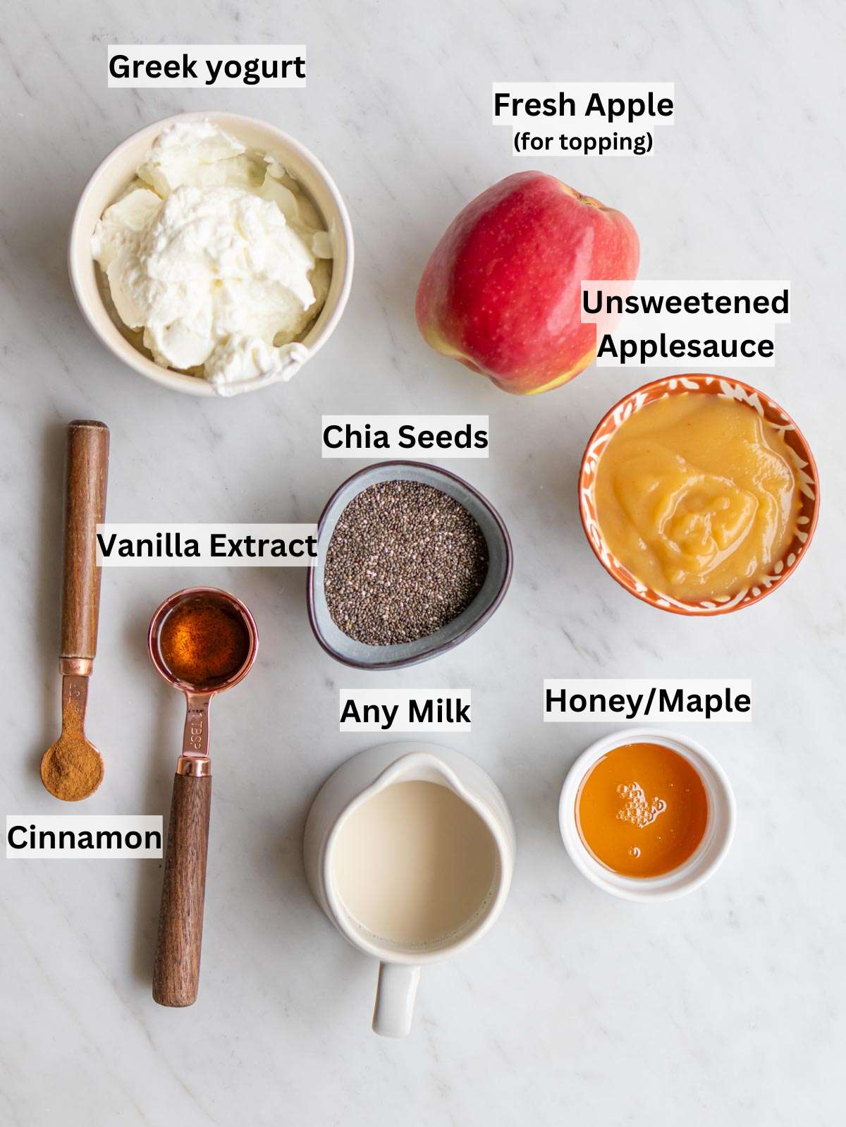 Layout of wholesome protein-rich breakfast ingredients chia seeds Greek yogurt applesauce.