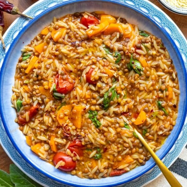 Lentil and orzo recipe with tomatoes and spinach.