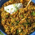 Mediterranean lentils and quinoa skillet in a bowl ready to enjoy for easy dinner.