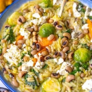 Mediterranean one pot vegetable orzo served in a bowl.