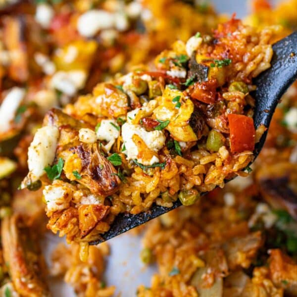 One pan Vegetable Paella baked in the oven for simple weeknight cooking.