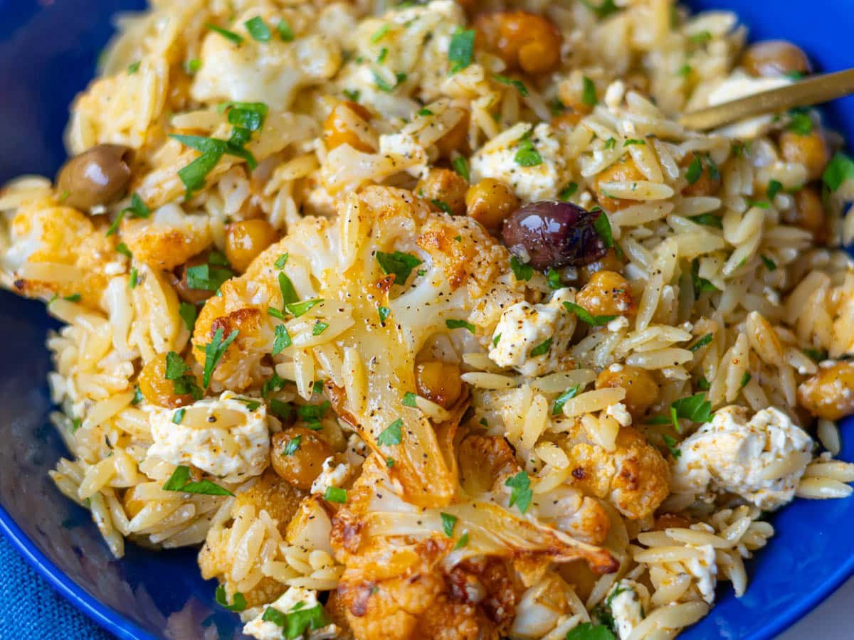 Roasted Cauliflower orzo recipe with feta.