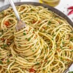 Spaghetti aglio e olio ready to eat for a quick Mediterranean style dinner.