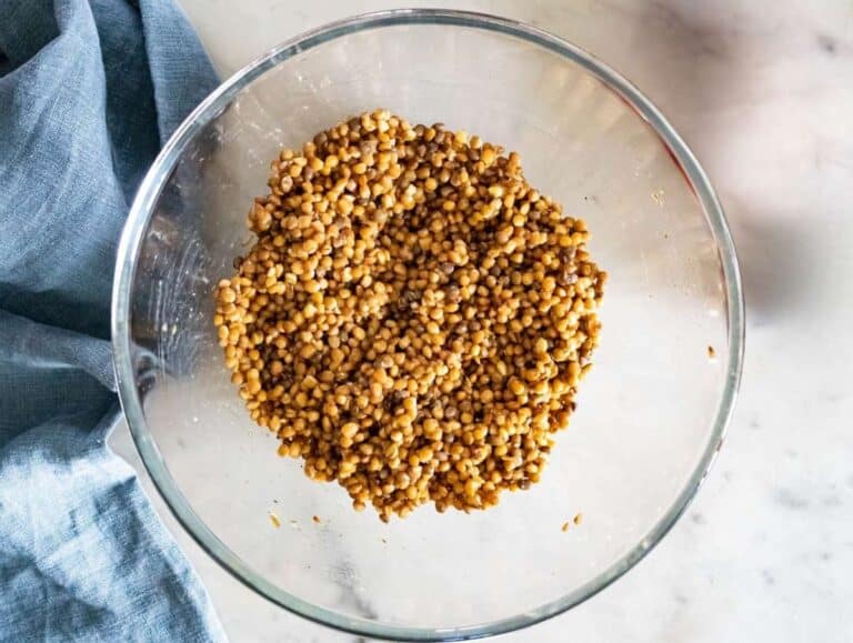 Step 2 Lentils marinating in lemon dressing soaking up flavor before adding vegetables.