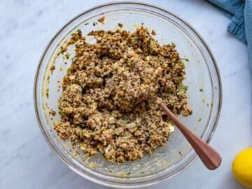 Step 2 Quinoa lentils herbs and feta mixed together for patty batter.