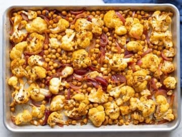 Step 2 Vegetables for cauliflower shawarma bowl roasted on sheet pan until golden tender and lightly charred.