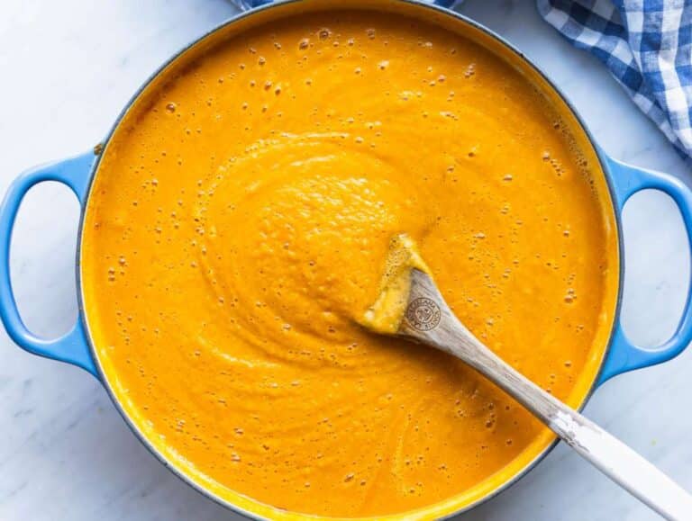 Step 3 Blending sweet potato chickpea soup until creamy using immersion blender.