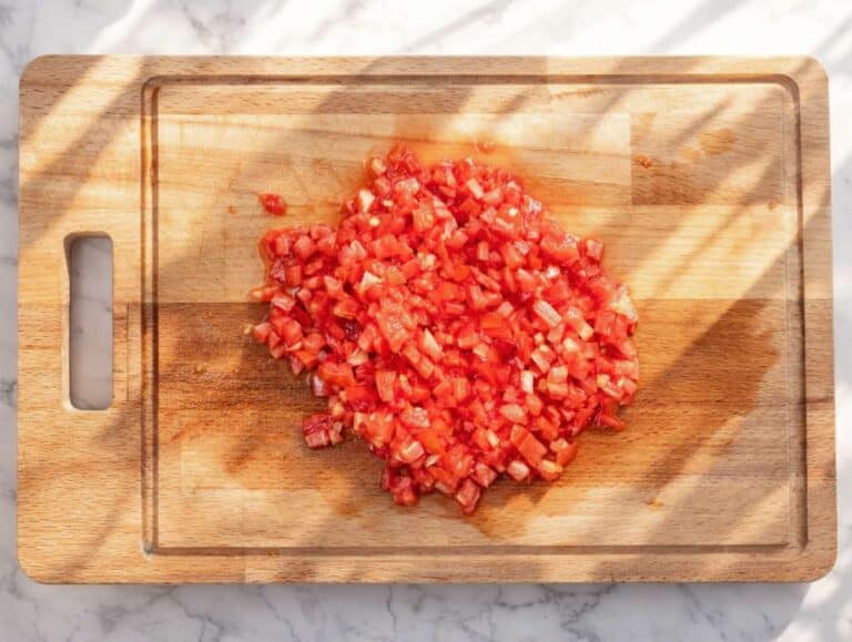 Step 3 Finely diced tomatoes on a cutting board ready for the salad.