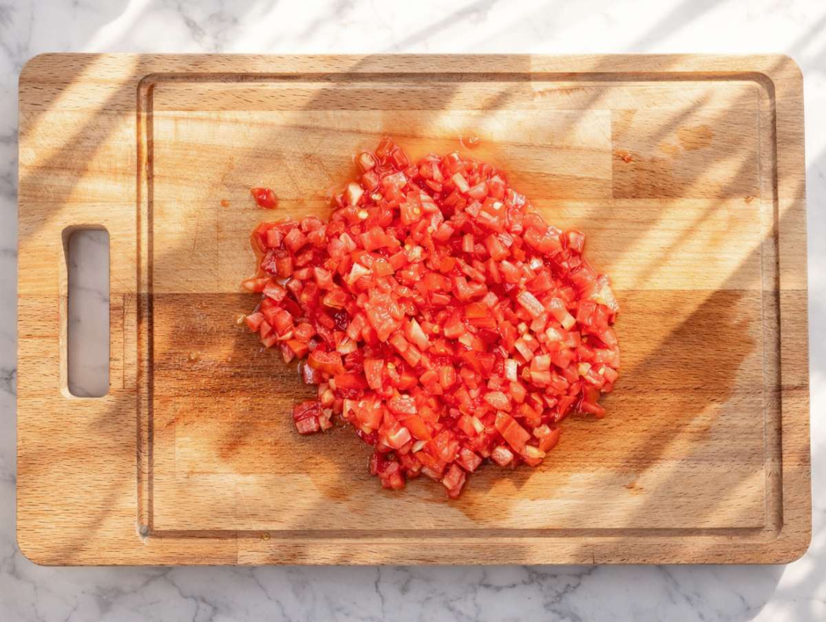 Step 3 Finely diced tomatoes on a cutting board ready for the salad.