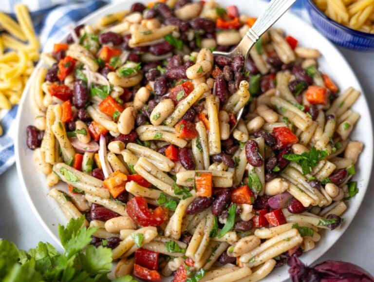 Step 4 Finished 3 bean pasta salad ready to serve or refrigerate.