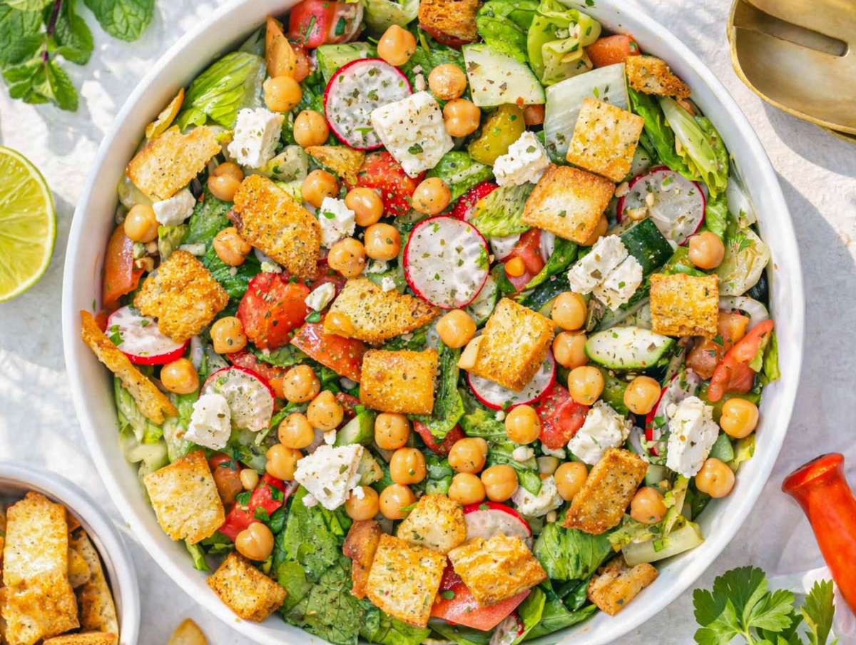 Step 4 Tossing pita salad with dressing feta and crunchy pita chips just before serving.