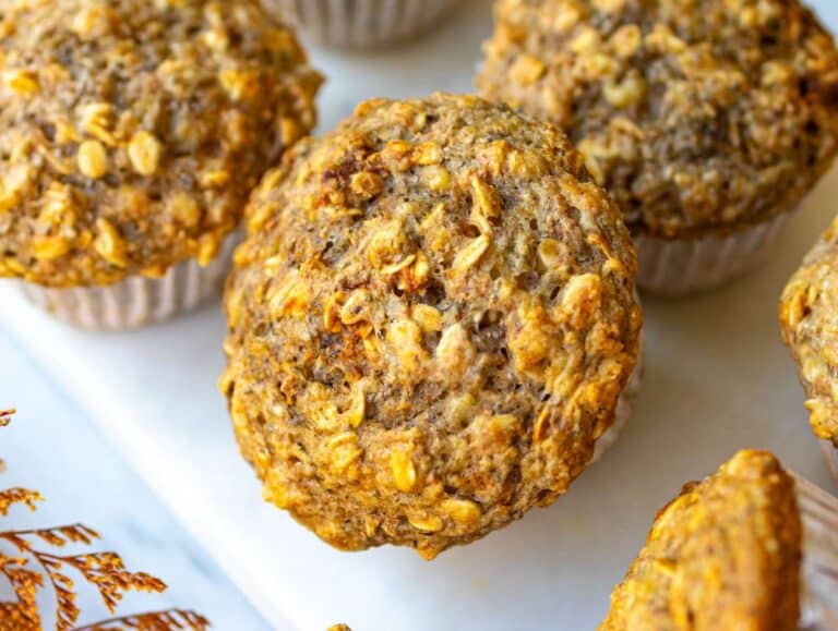 Step 5 Finished muffins on a marble cutting board served for a healthy breakfast.