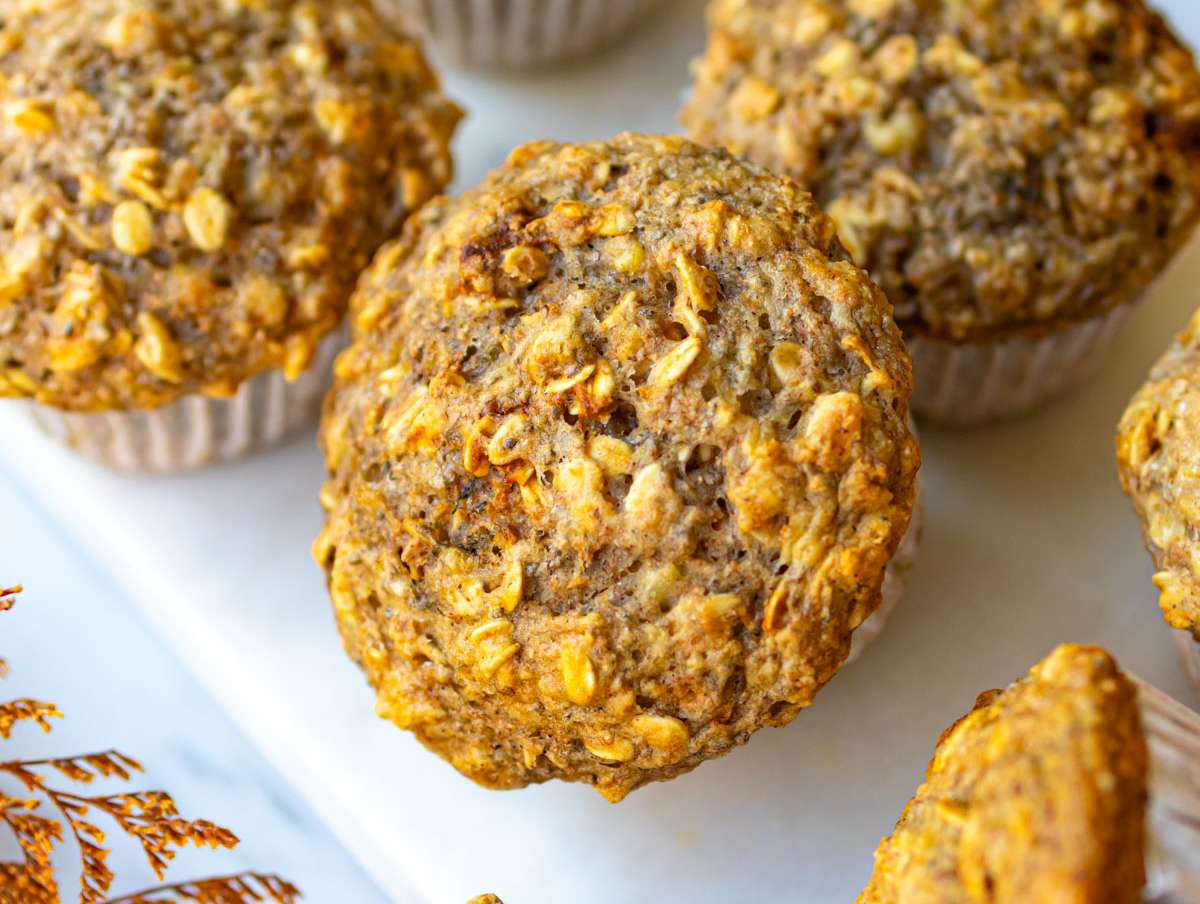 Step 5 Finished muffins on a marble cutting board served for a healthy breakfast.