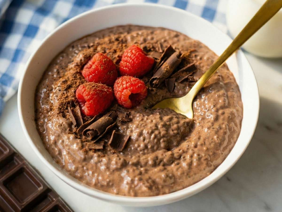Step 4 Serving chocolate chia pudding in a bowl with berries and shaved chocolate