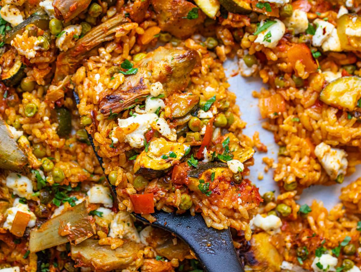 Step four Feta sprinkled and broiled for crisp flavorful finish on Vegetable Paella.