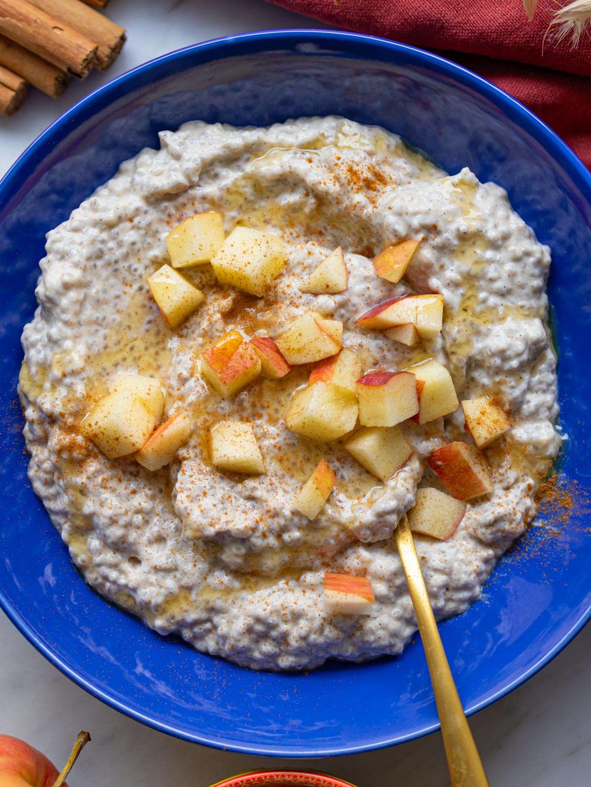 Top-down view of high fiber apple chia pudding in a bowl a perfect make ahead breakfast.