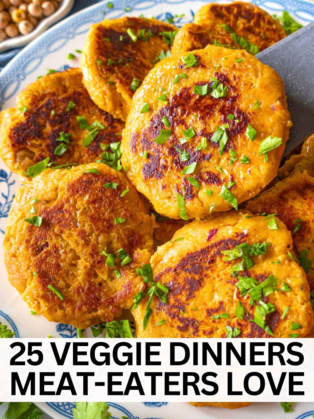 Vegetable dinner ideas with sweet potato chickpea patties on a blue plate.