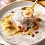 Banana chia pudding served simply in a bowl with spoon, soft natural light.