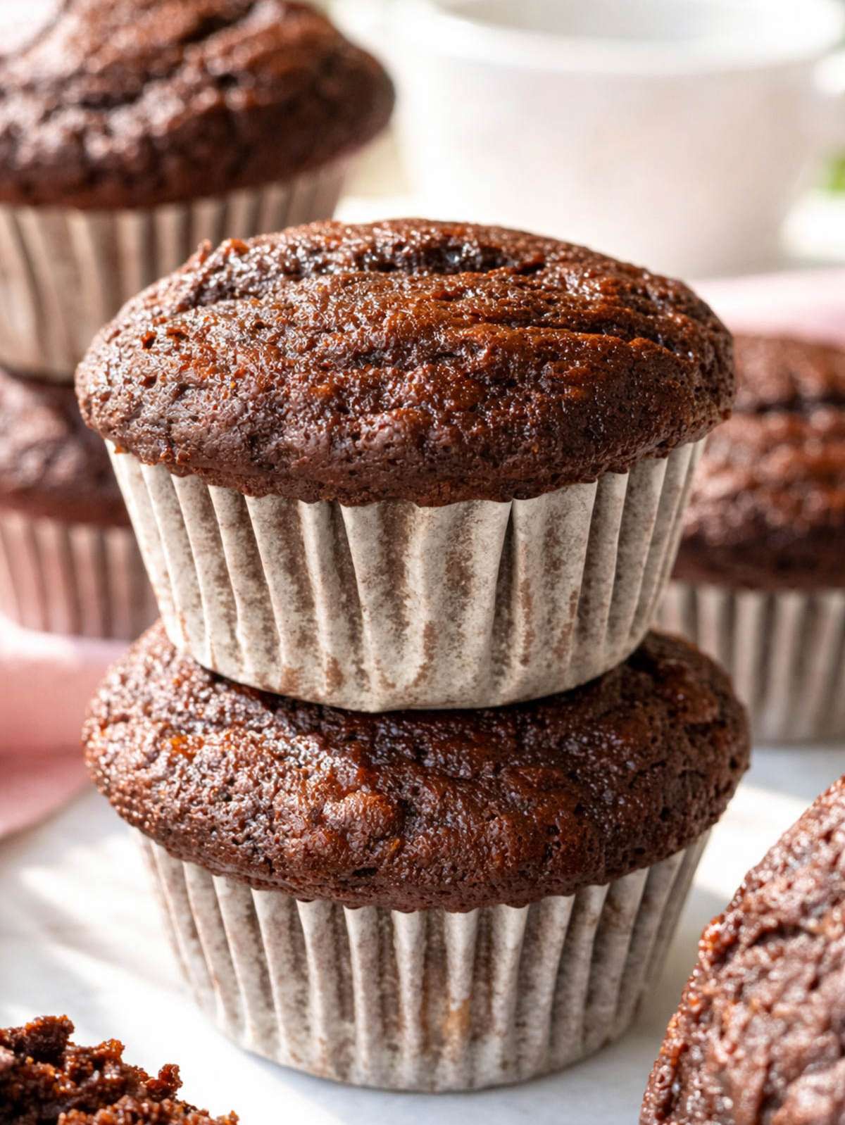 Banana chocolate muffins with wide gently domed tops cooling on a marble table.
