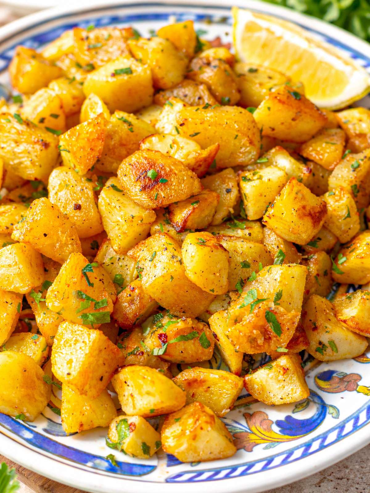 Close up of batata harra showing golden edges garlic oil and chopped cilantro.