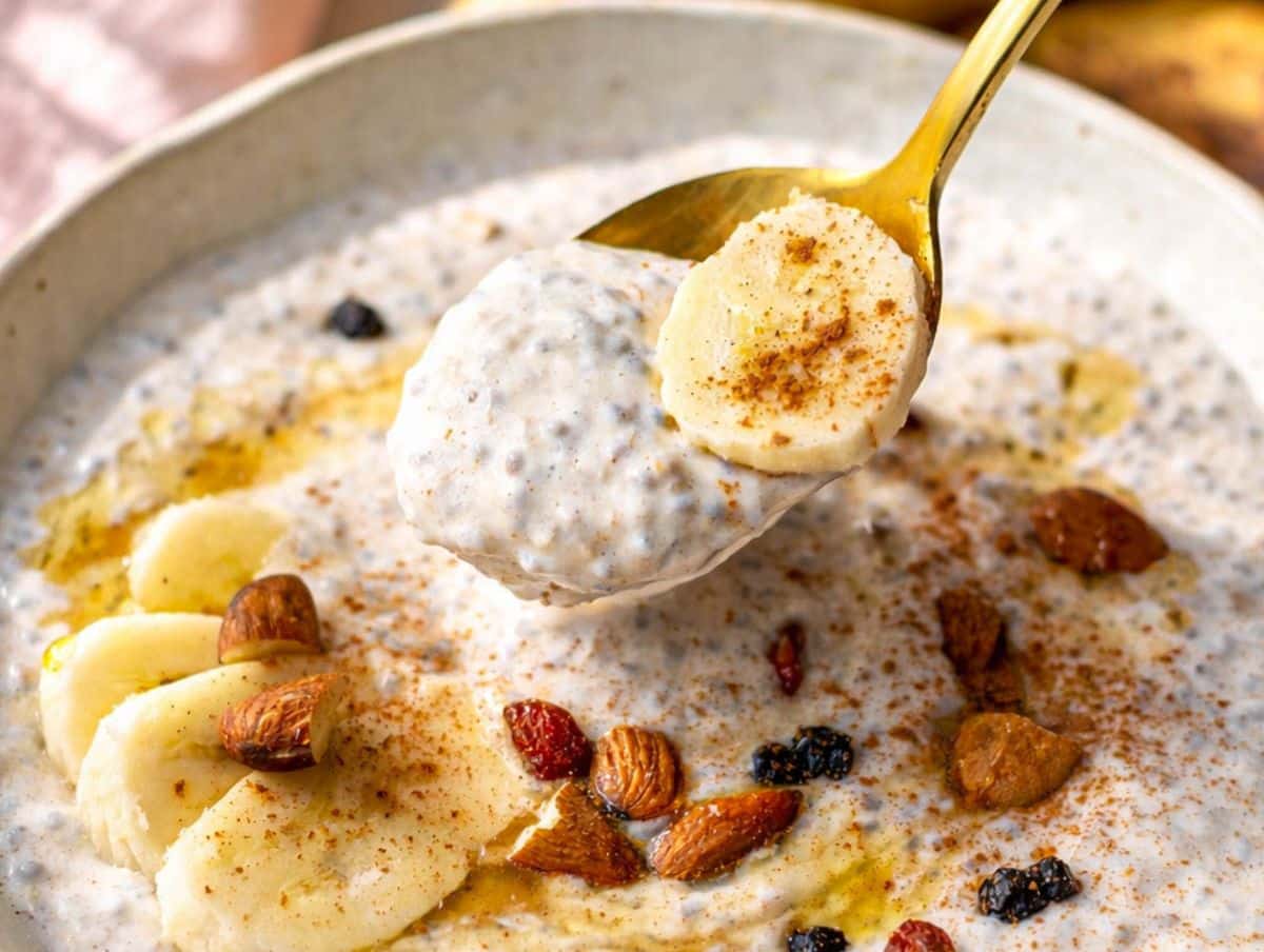 Close-up of creamy banana chia pudding showing smooth texture and softened chia seeds in a bowl.