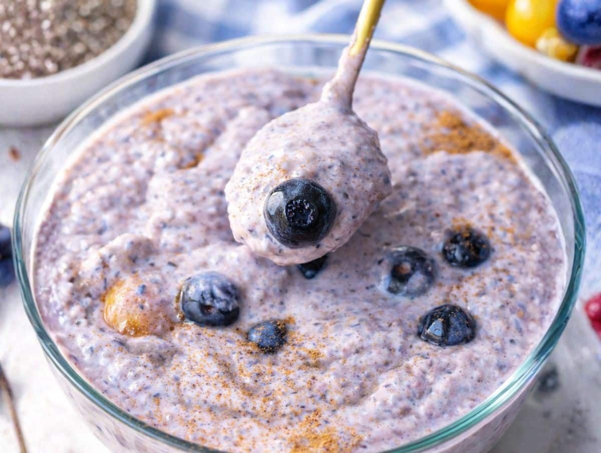 Close up of creamy blueberry chia pudding with Greek yogurt served for breakfast in a glass bowl.