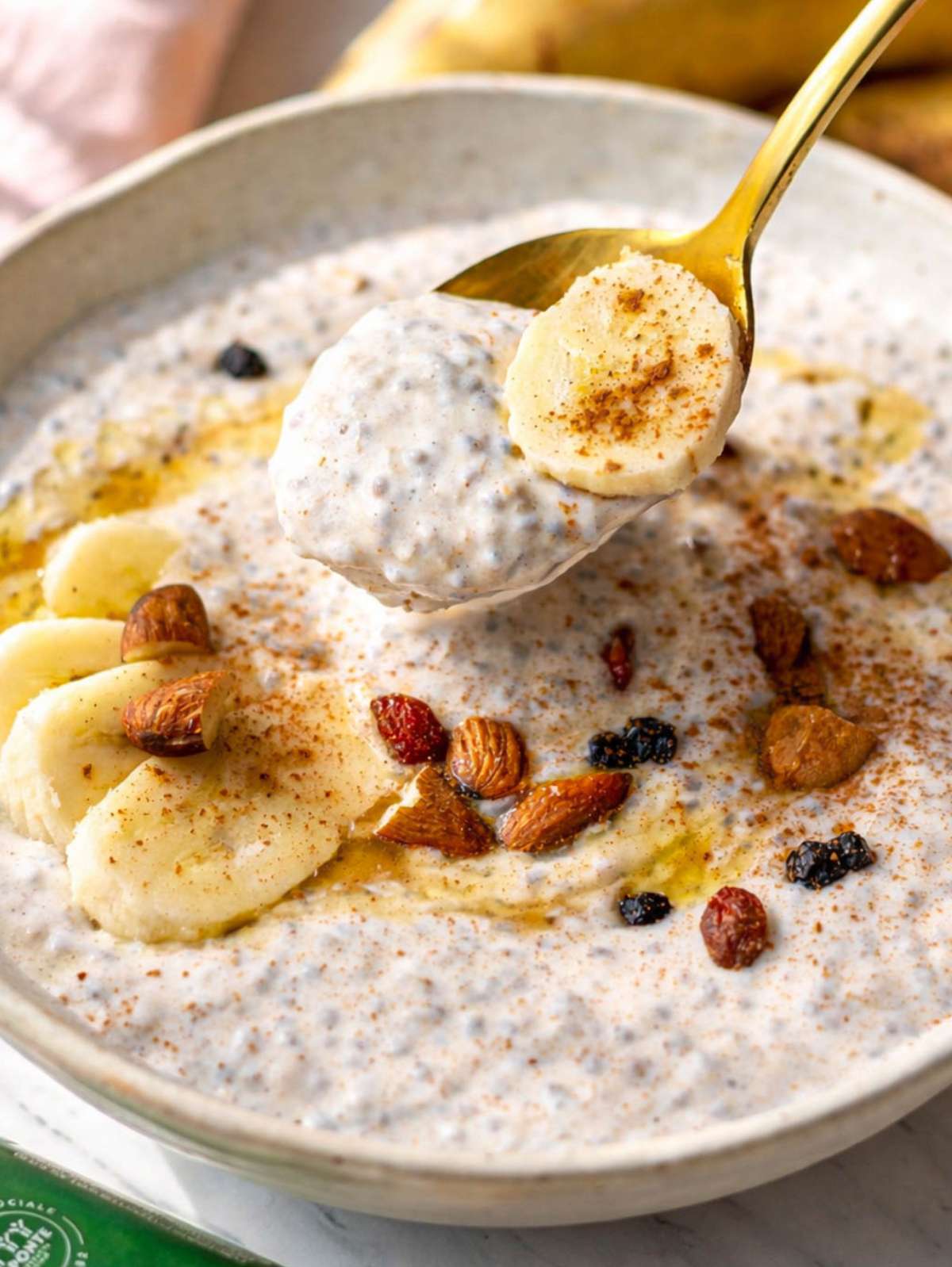 Close-up of creamy chia pudding showing thick texture and visible chia seeds.