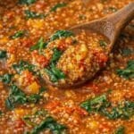 Close-up of quinoa vegetable soup showing tender quinoa, lentils, and wilted spinach in broth.