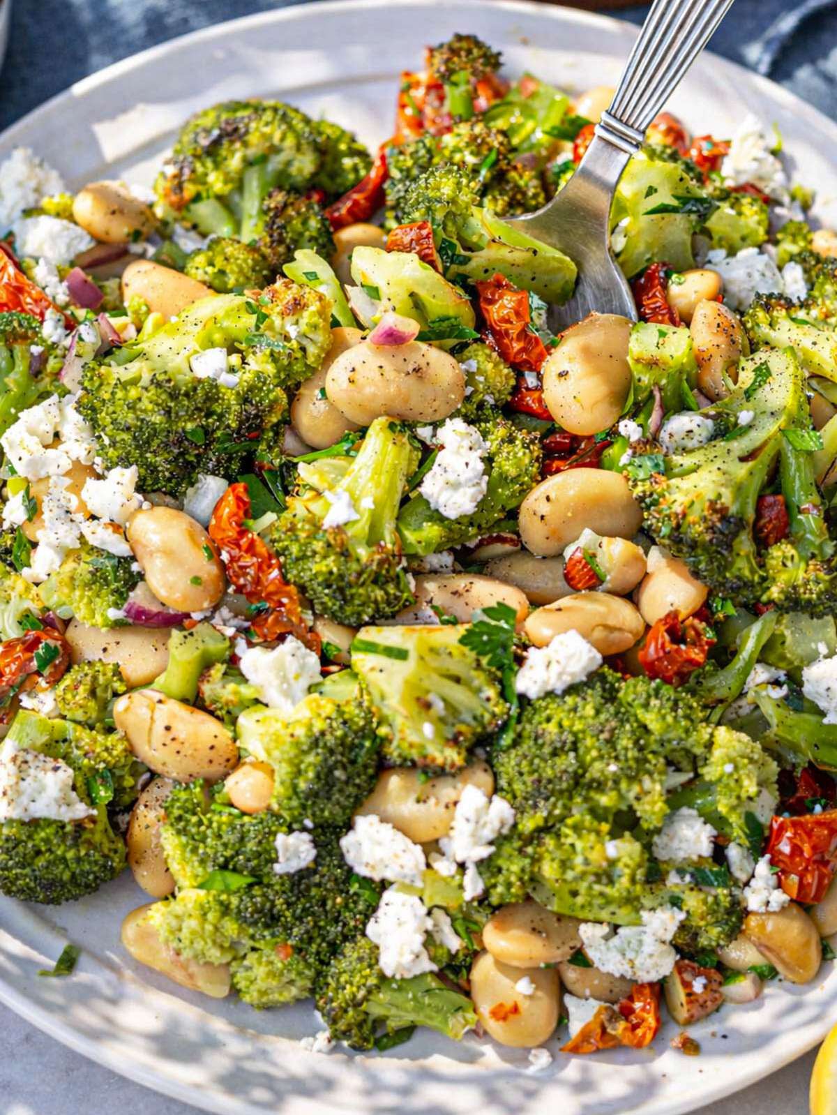 Close-up of roasted broccoli salad showing creamy butter beans, feta crumbles, and glossy lemon dressing.