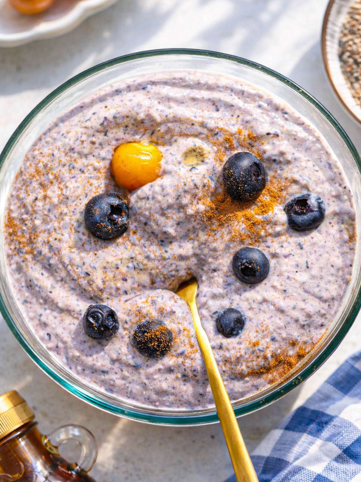 Creamy blueberry chia pudding in a glass bowl topped with fresh blueberries and cinnamon.
