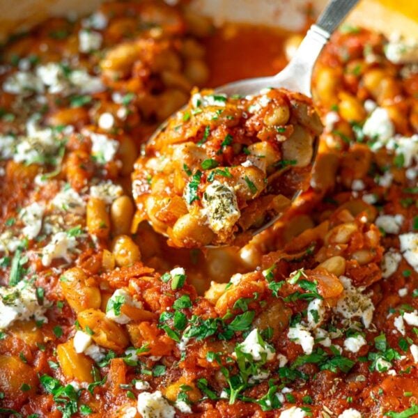 Gigantes Plaki Greek baked beans served warm with feta.