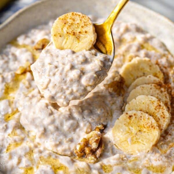 High fiber breakfast idea with banana overnight oats.
