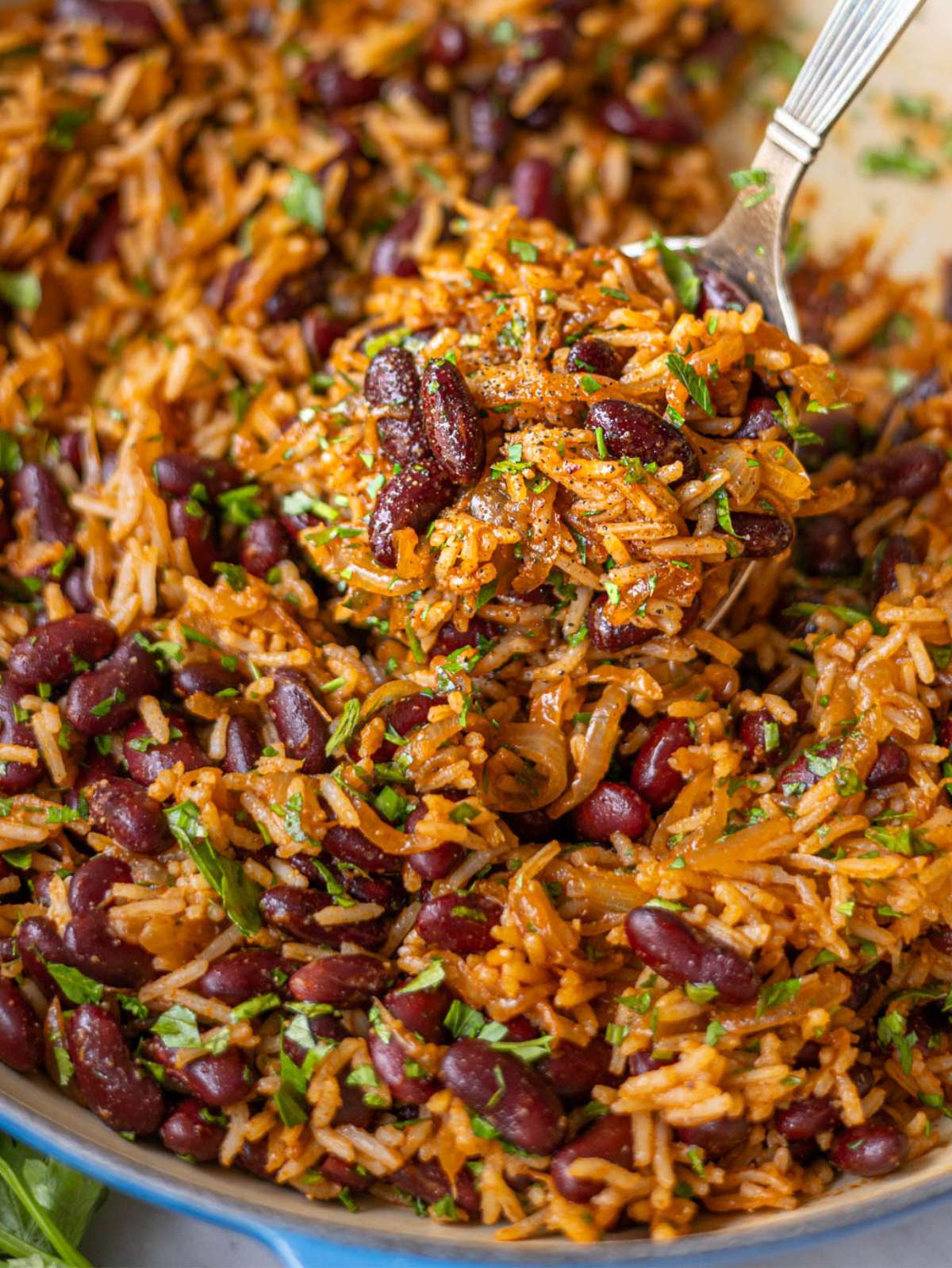 Kidney beans and rice skillet served warm with parsley, lemon, and creamy yogurt sauce on the side.