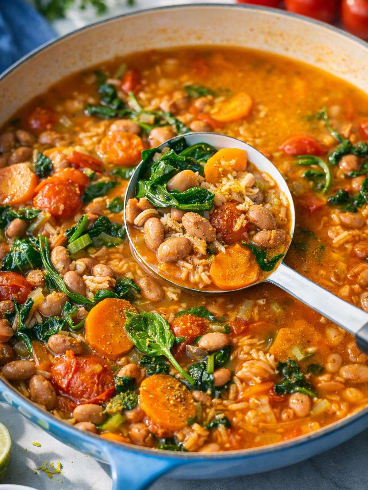 Pot with ladleful of creamy pinto bean soup showing beans, rice, spinach, and a drizzle of olive oil.