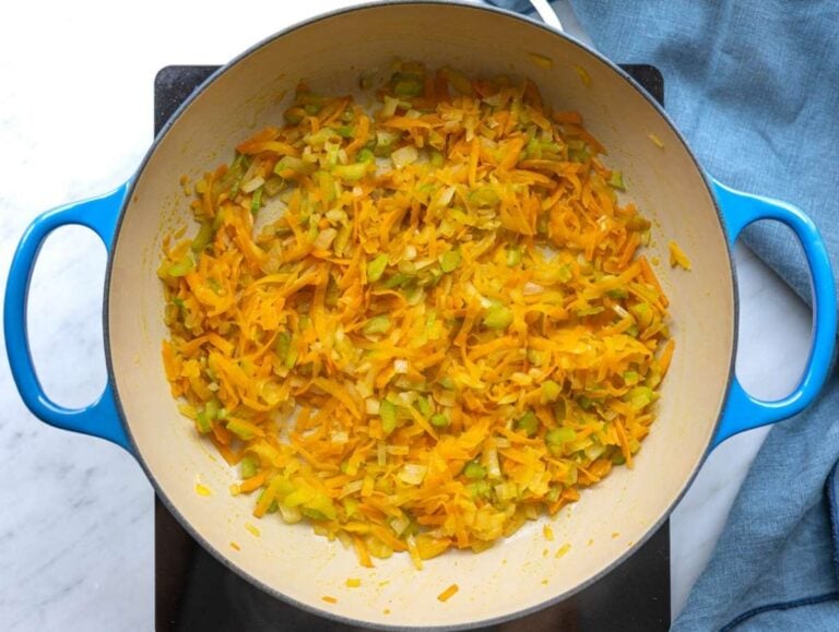 Step 1 Onion carrot and celery cooking gently in olive oil until soft.