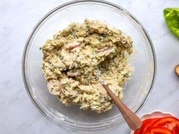 Step 2 Chopped pickles, radishes, celery, and green onion mixed into mashed chickpeas with yogurt.