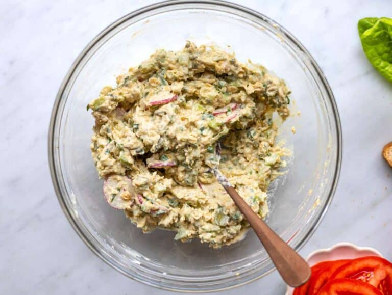 Step 2 Chopped pickles, radishes, celery, and green onion mixed into mashed chickpeas with yogurt.