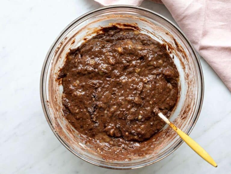 Step 2 Cocoa flour and leavening added to the bowl before gently mixing the batter.