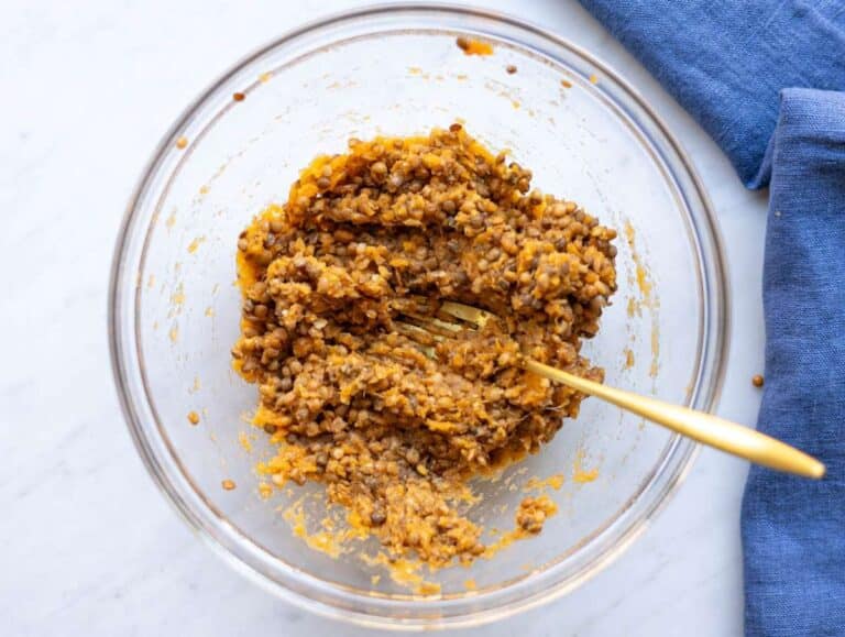 Step 2 Mashed sweet potato and lentils mixed together in a large bowl.