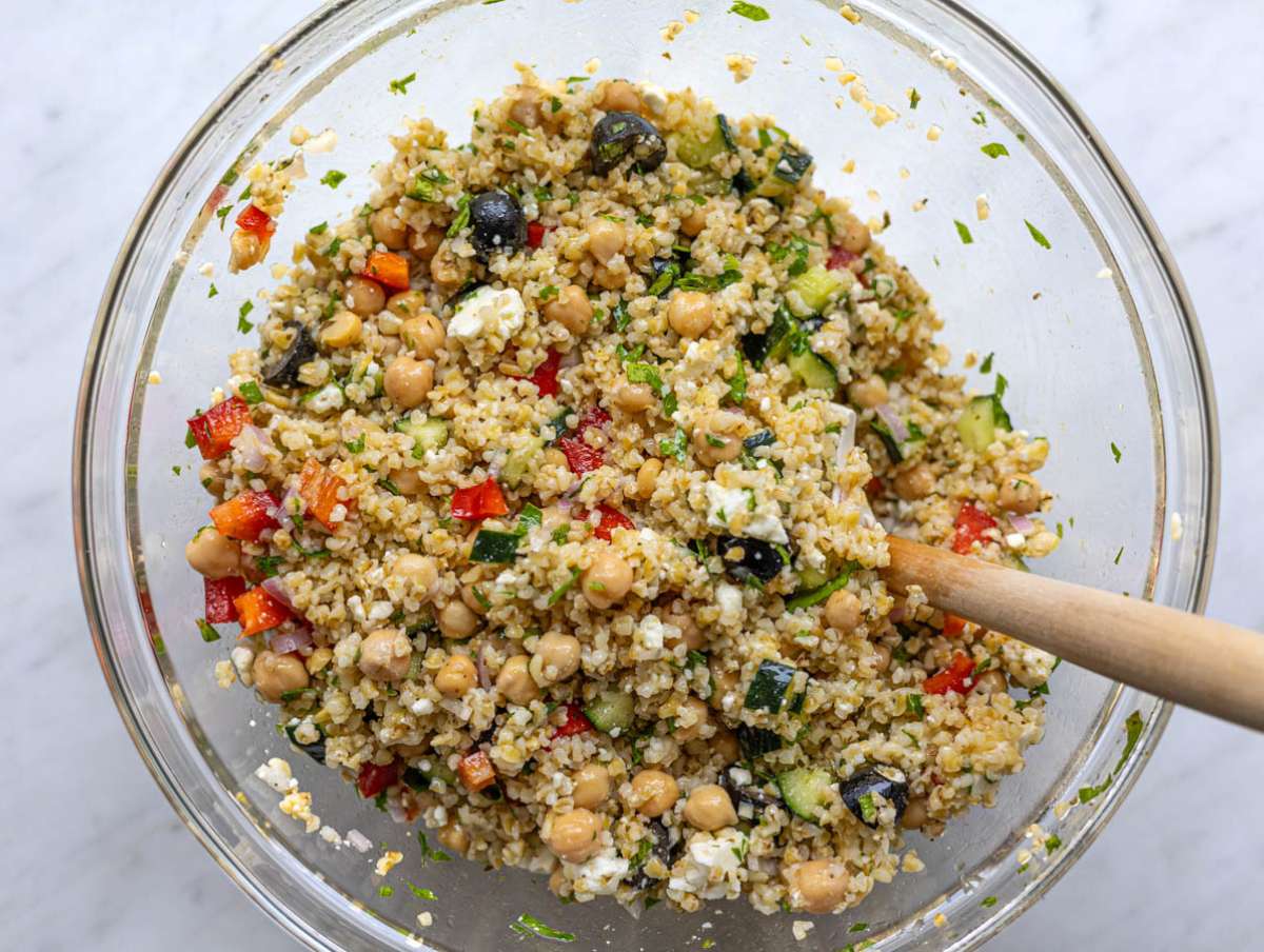 Step 3 Bulgur salad tossed gently with feta until evenly mixed.