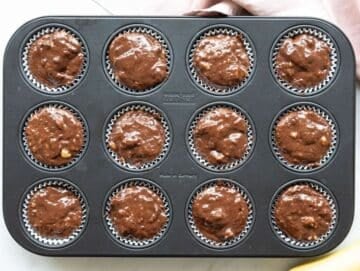 Step 3 Dark chocolate chunks folded into glossy muffin batter and spooned into paper liners.