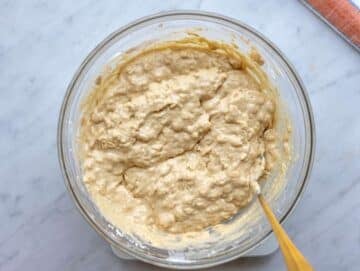 Step 3 Flour oats cinnamon and leavening added to wet batter in bowl.