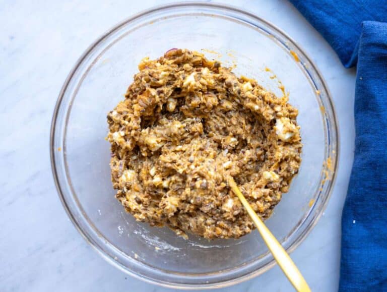 Step 3 Patty mixture with feta egg onion garlic and spices stirred until thick and scoopable.